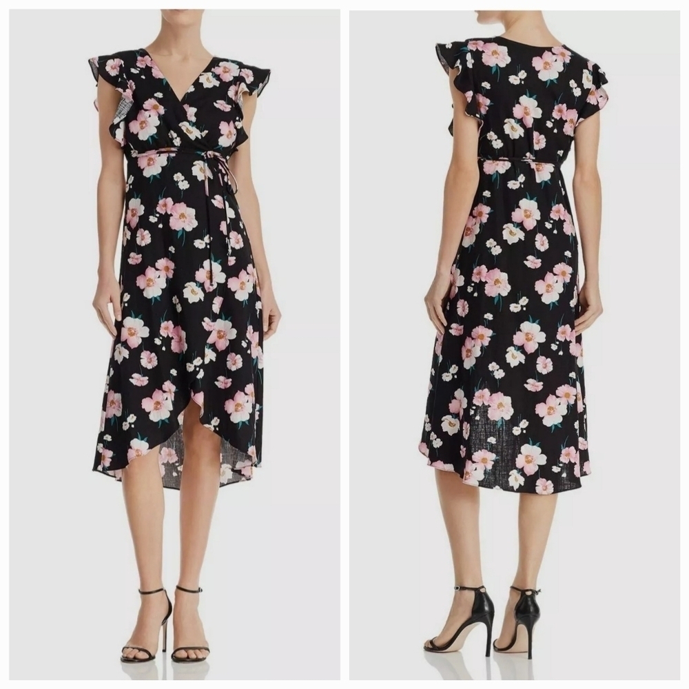 NWT Aqua Black Floral Flutter Sleeve Wrap Dress